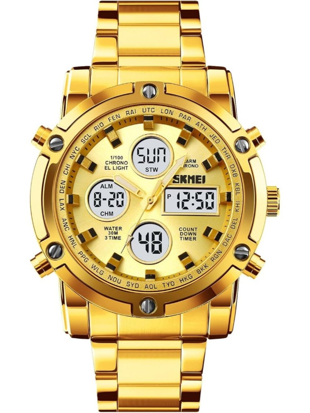 Men’s Gold Analog-Digital Stainless Steel Large Face Chronograph Wrist Watches